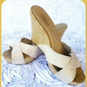 ALDO Beige Espadrilles Open Toe Woven Straps Wedge Leather Heels Women Size 7.5